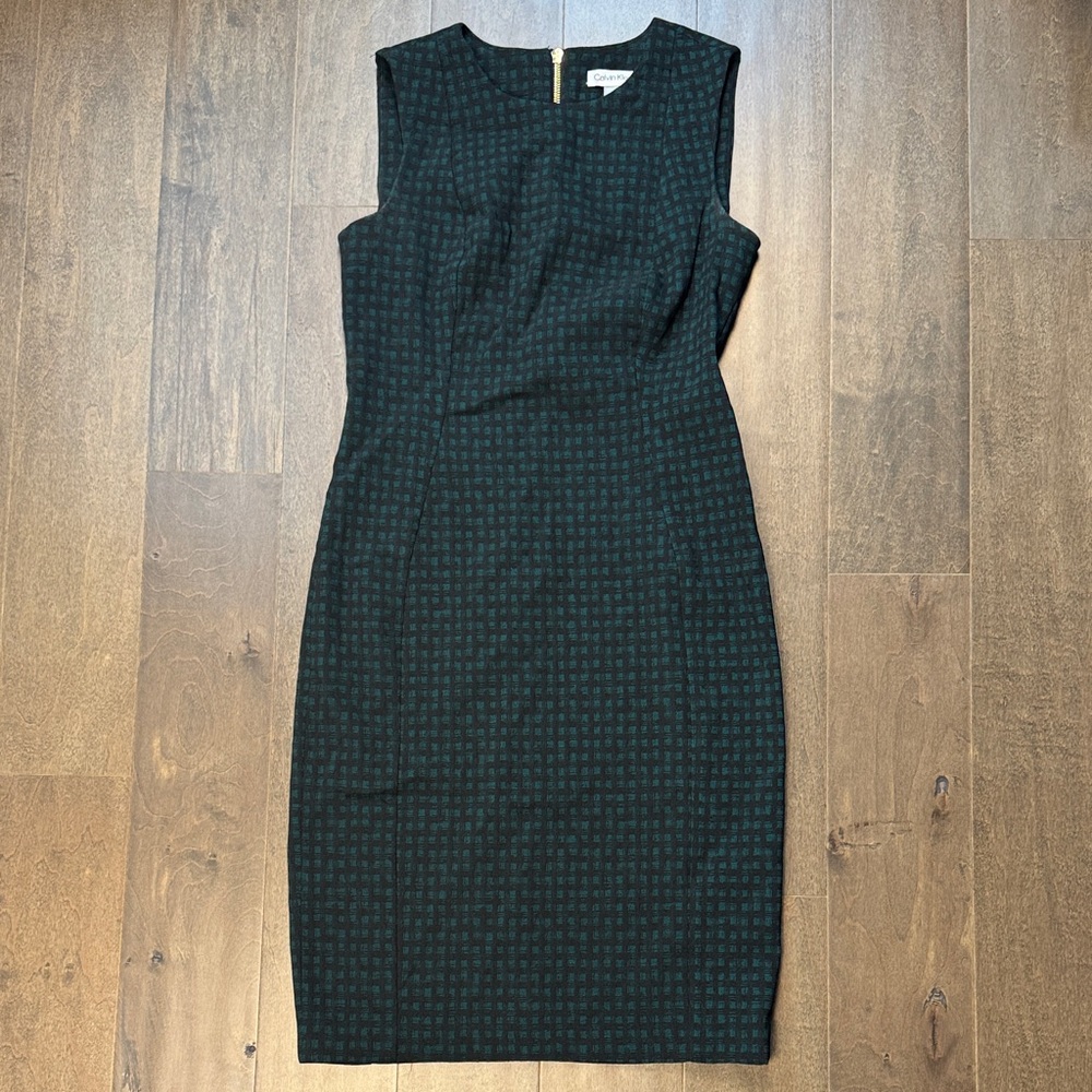 Calvin Klein Green Black Jacquard Sheath Dress Sleeveless Career Size 4 - Picture 2 of 7